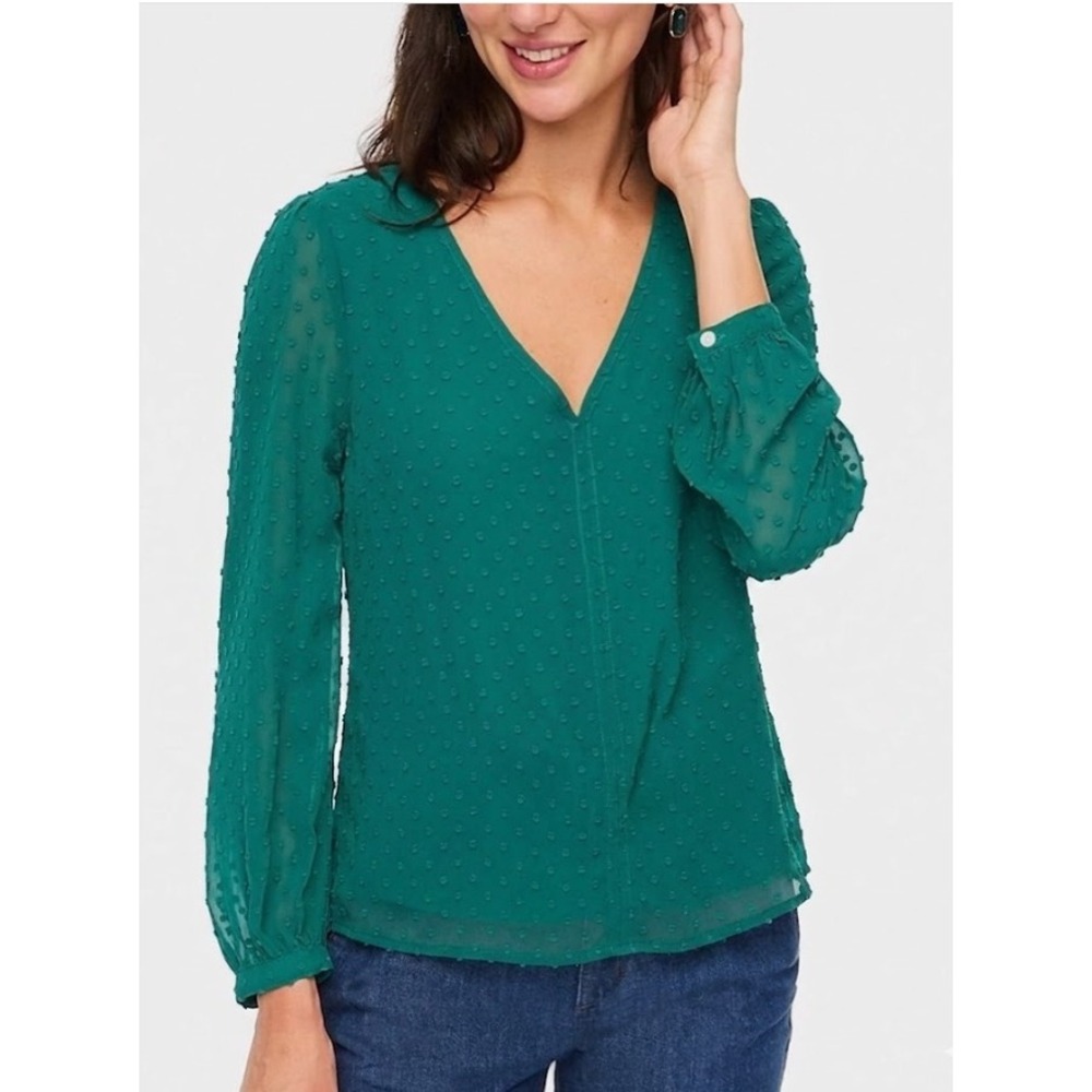 New J.Crew Clip Dot V-Neck Blouse Medium Green Long Sleeve Lined Feminine